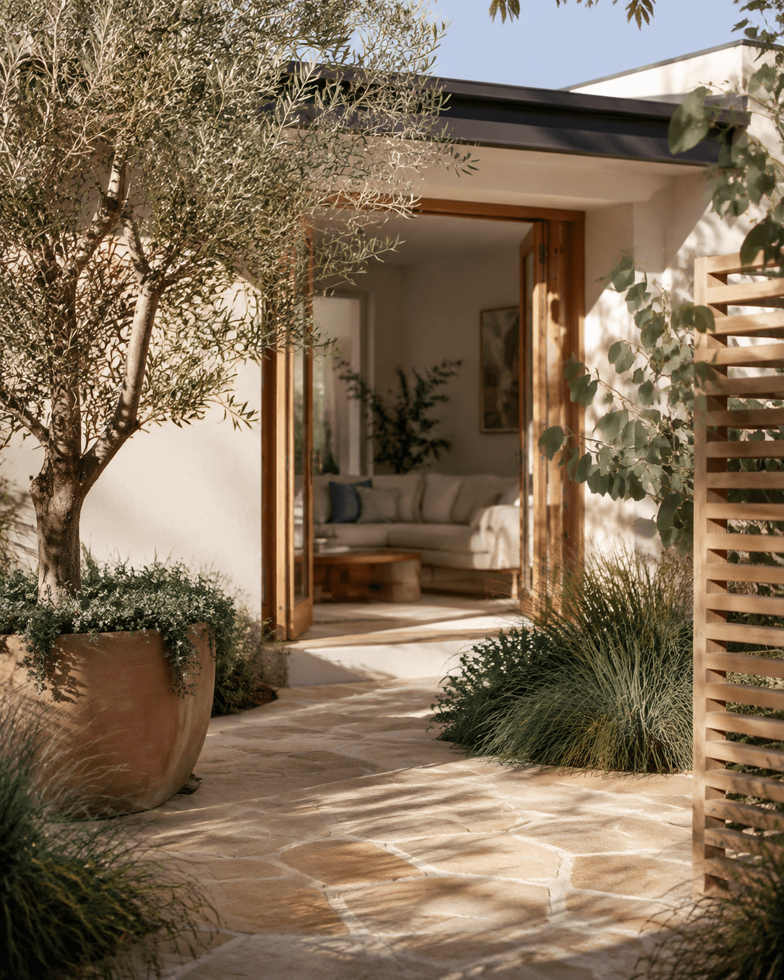 A sunlit Australian courtyard with native plants, timber and a welcoming home